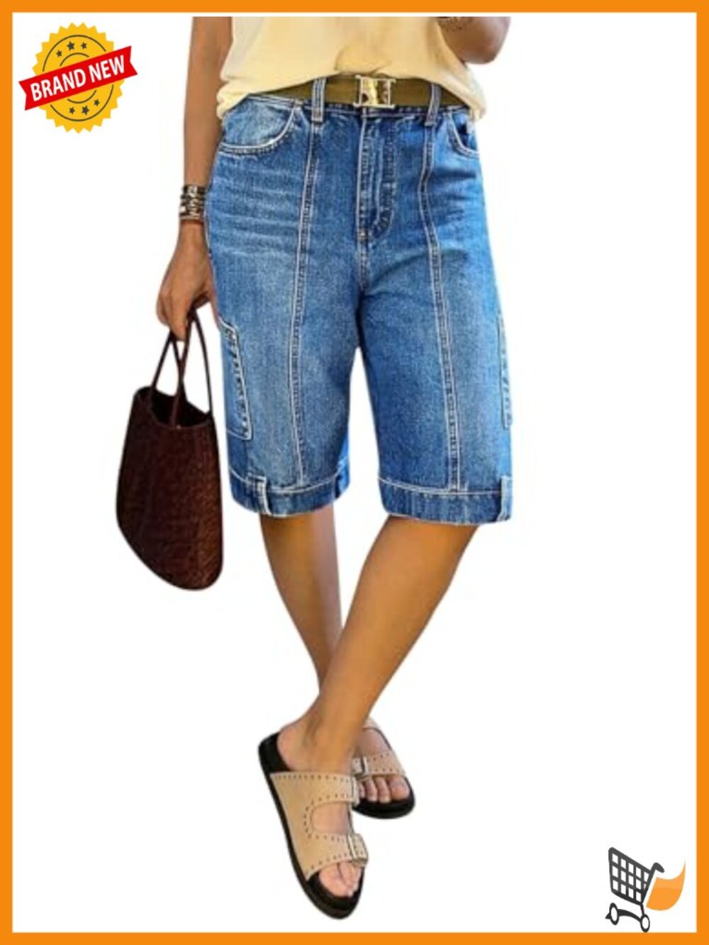 Straight Leg Bermuda Denim Shorts High Rise Patch Pockets Casual